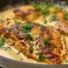 Creamy paprika chicken served with herbs and spices on a plate