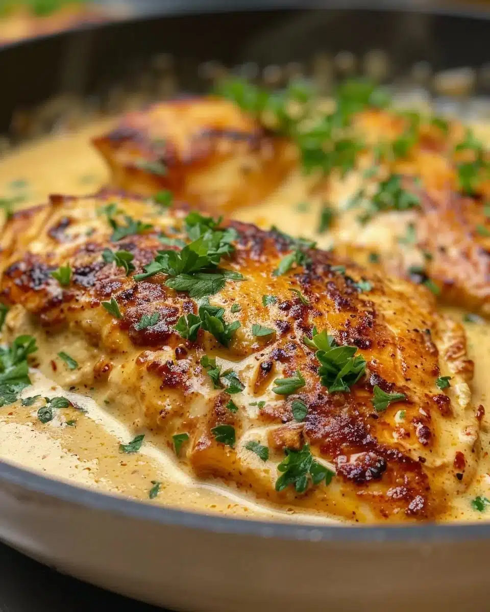 Creamy paprika chicken served with herbs and spices on a plate