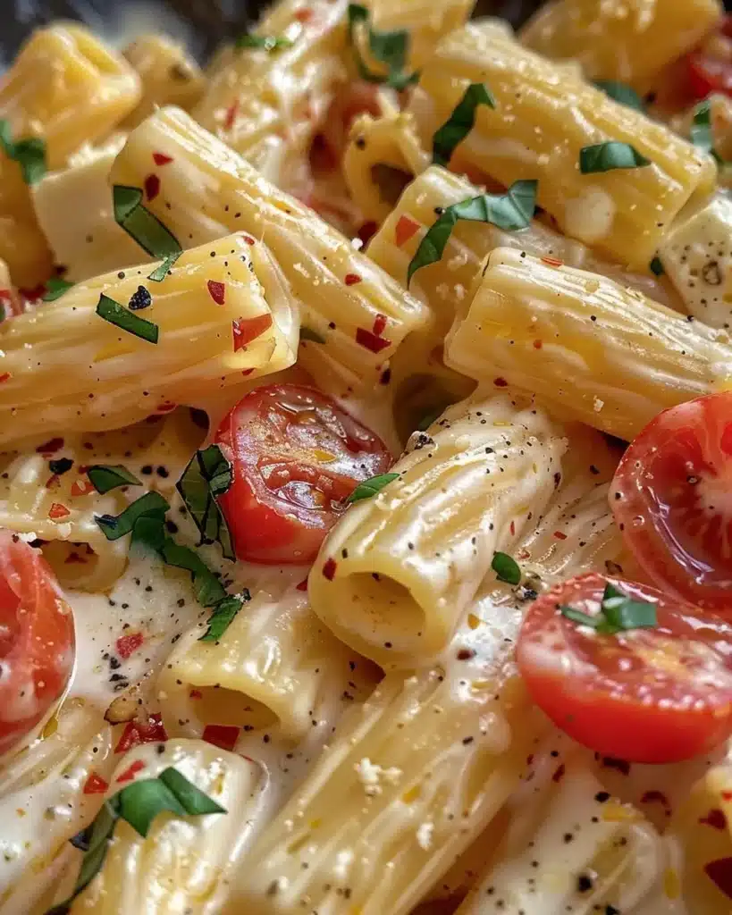 A bowl of creamy rigatoni pasta with sauce and herbs