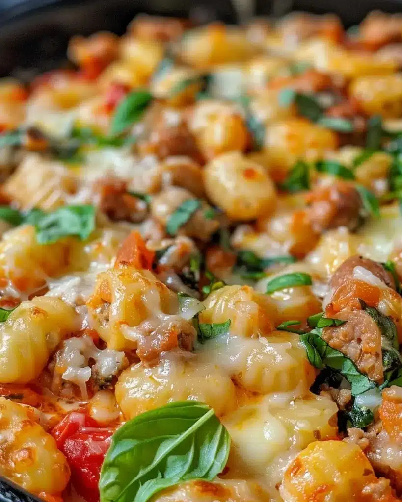 Creamy sausage gnocchi served in a bowl with herbs and spices.