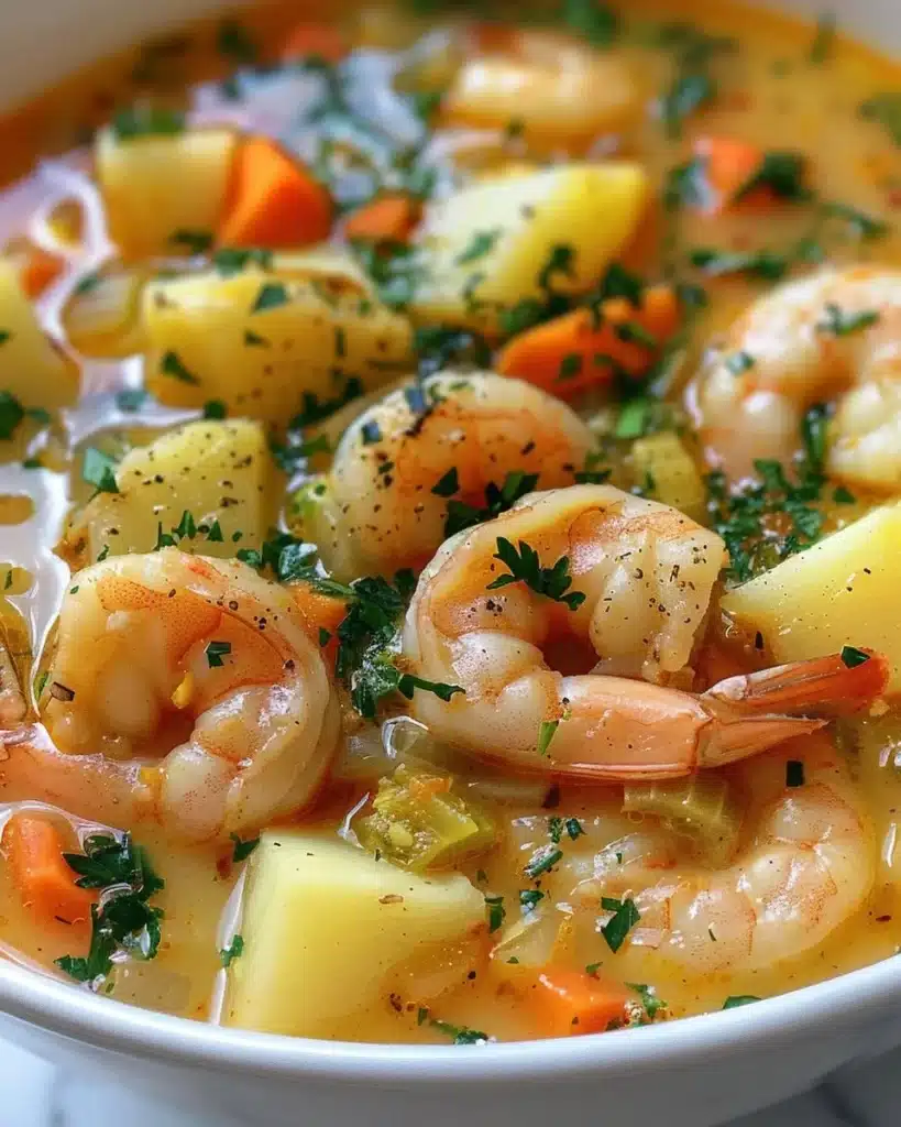 A bowl of creamy shrimp chowder topped with herbs and garnishes