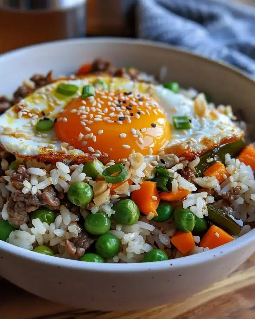 Plate of easy beef fried rice with eggs, garnished and ready to serve.