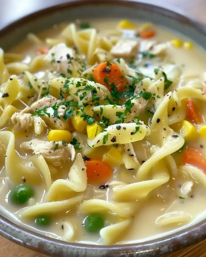 Bowl of easy chicken noodles garnished with herbs