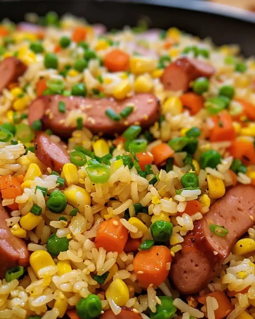 A delicious plate of easy hot dog fried rice garnished with green onions