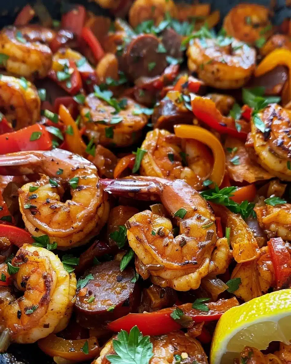 Easy shrimp and sausage bake dish ready to serve