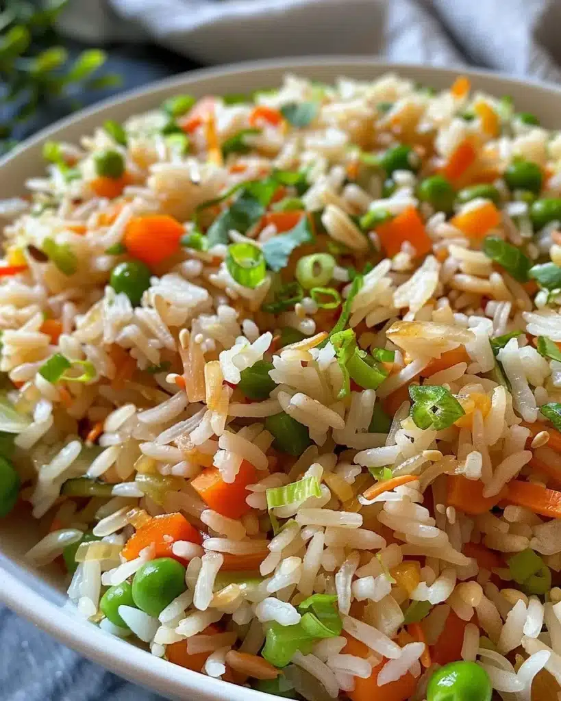 Delicious plate of everyday veggie fried rice with colorful vegetables.