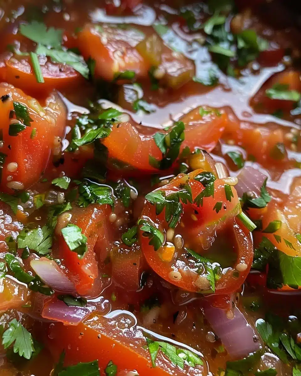 Bowl of fire-roasted tomato soup garnished with fresh herbs