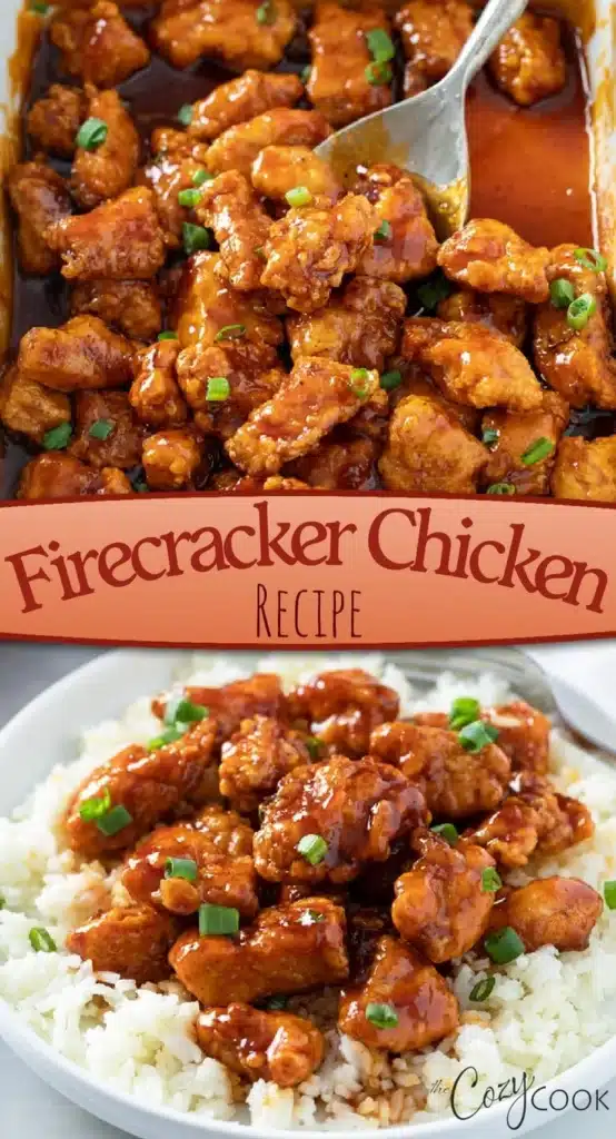 Delicious plate of Firecracker Chicken garnished with sesame seeds and scallions.