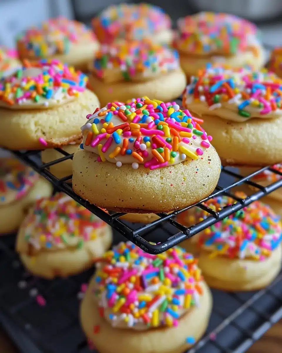 Plate of funfetti sugar cookies decorated with colorful sprinkles