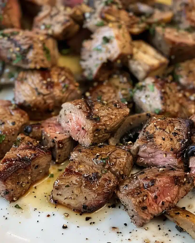 Garlic Butter Steak Bites with Mushrooms served on a plate