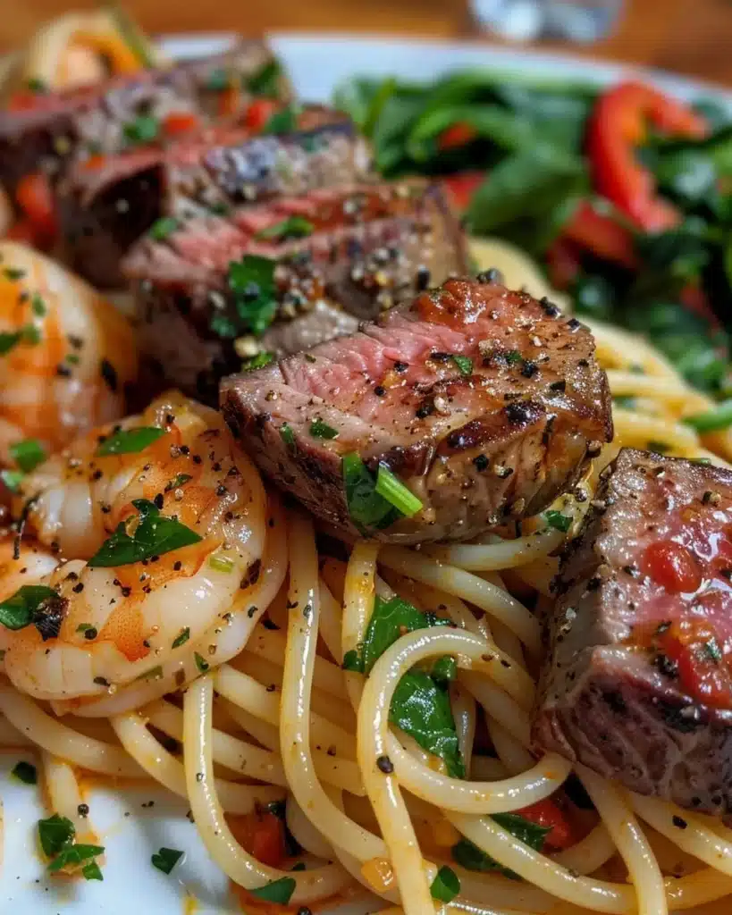 Delicious Garlic Butter Surf & Turf Pasta with seafood and steak