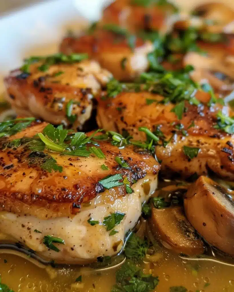 Delicious Garlic Mushroom Chicken dish garnished with herbs