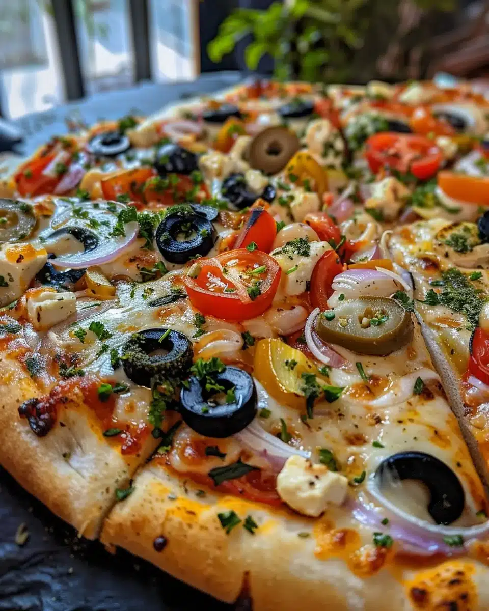 Delicious Greek pizza with olives, feta cheese, and fresh vegetables