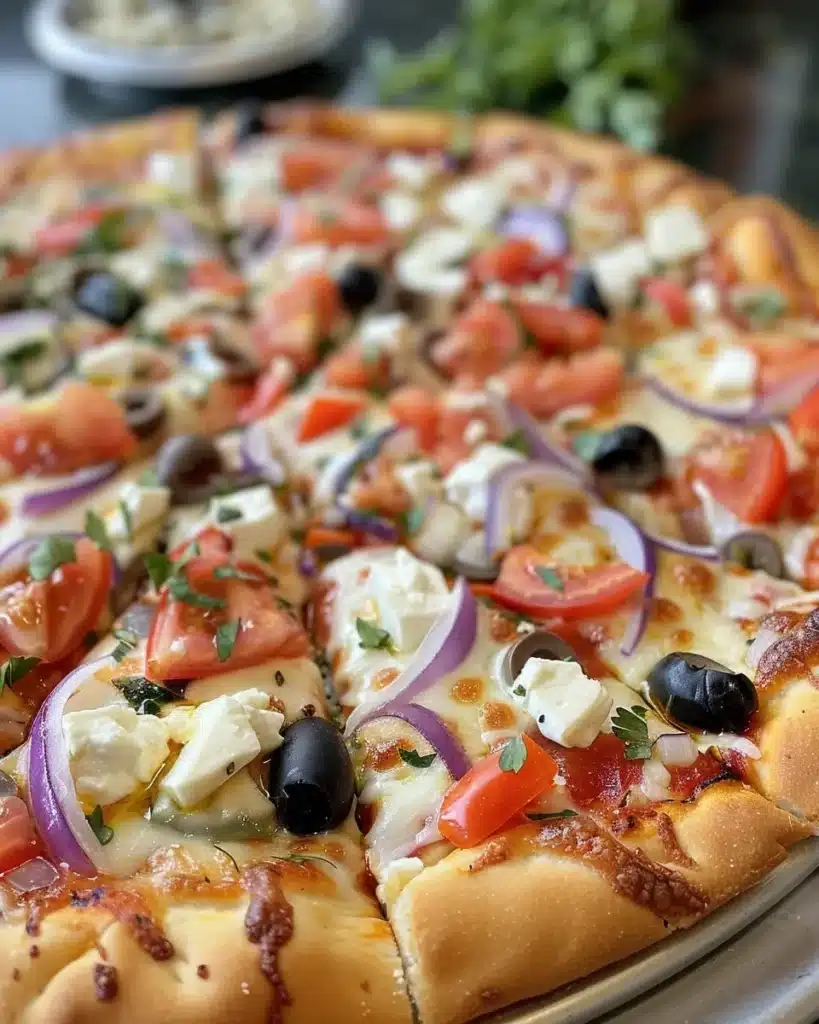 Delicious Greek Pizza topped with fresh ingredients and herbs
