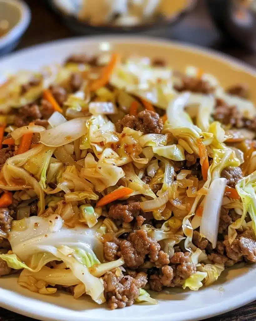 Ground beef and cabbage dish served in a blue bowl with fresh herbs