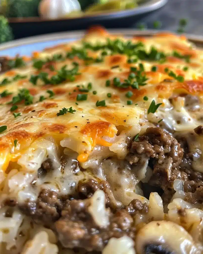 Delicious ground beef and rice casserole served in a dish