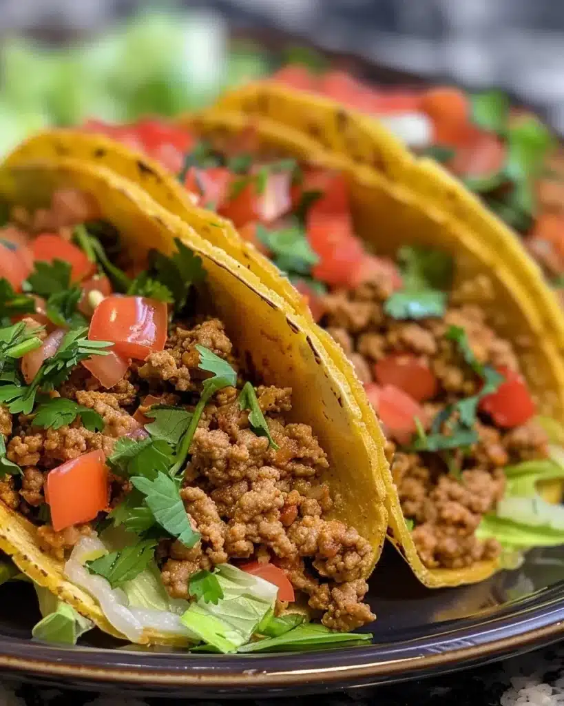 Delicious ground turkey tacos garnished with fresh toppings