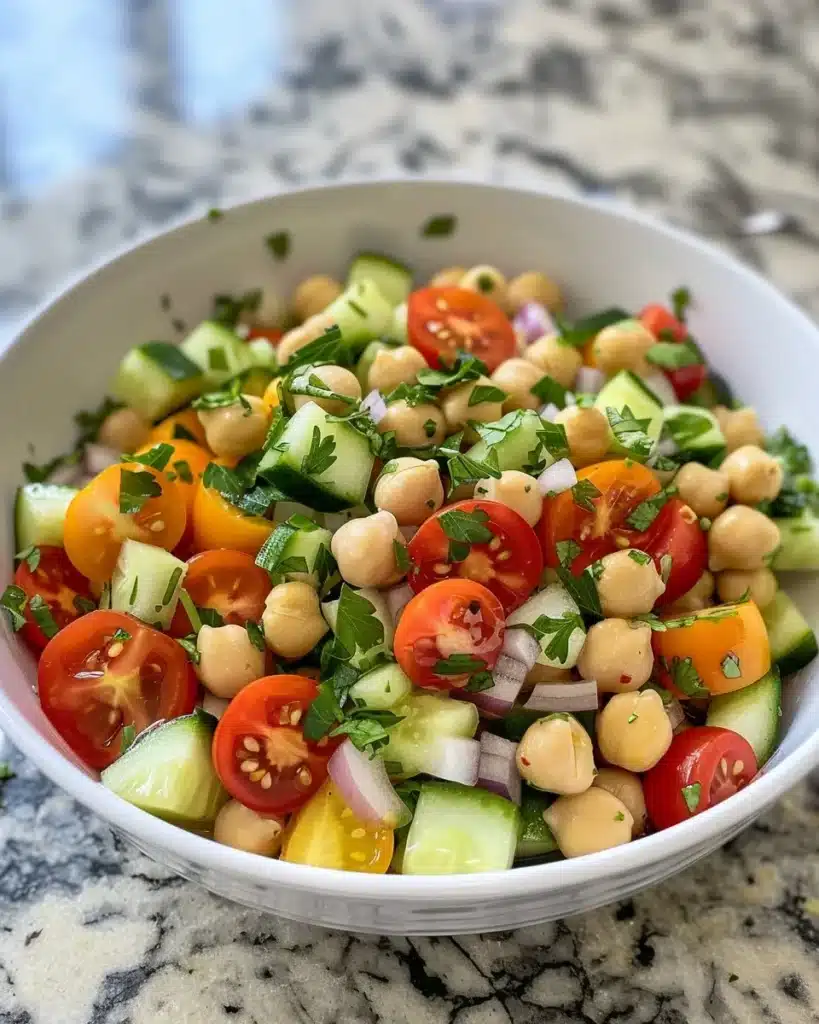 Healthy chickpea salad with fresh vegetables and herbs.