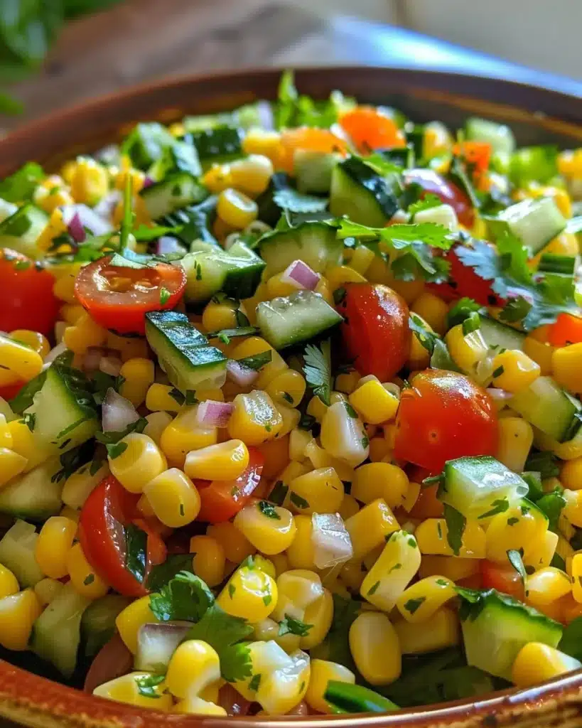 Healthy corn salad with fresh vegetables and dressing showcased in a bowl
