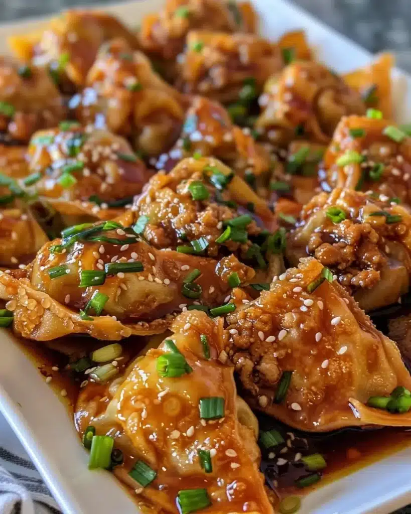 Healthy homemade potstickers served with dipping sauce on a plate.