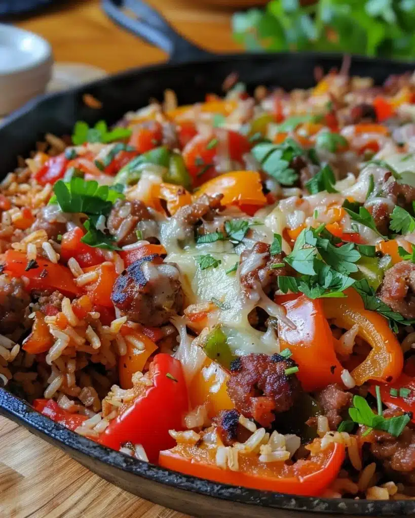 Hearty Italian Sausage Stuffed Peppers served on a plate with herbs garnish.