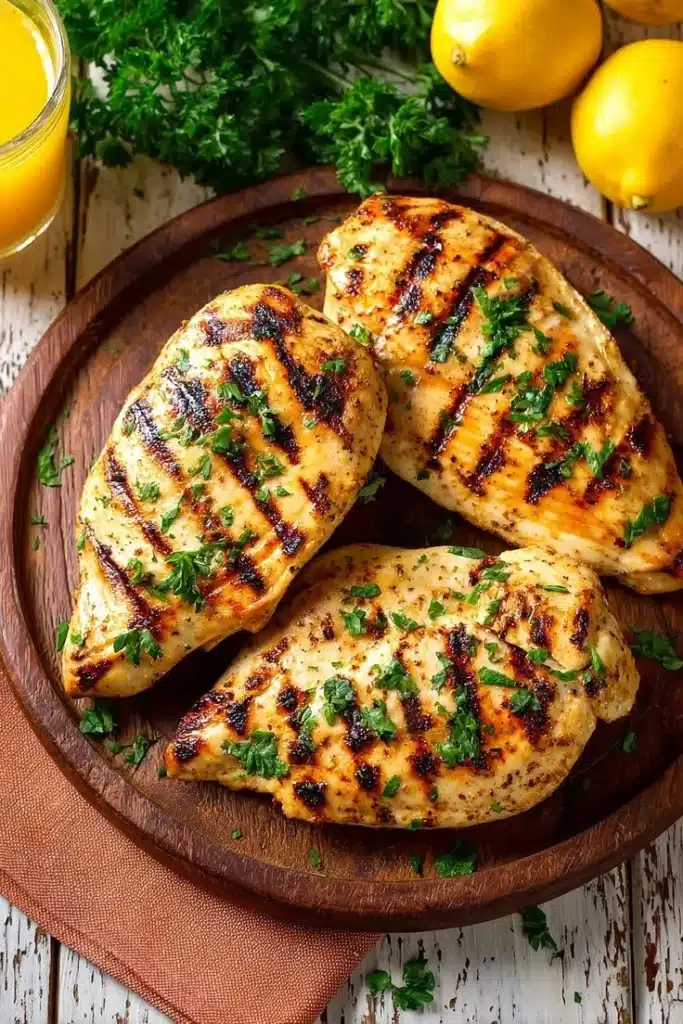 Herb grilled chicken breast garnished with fresh herbs and spices.