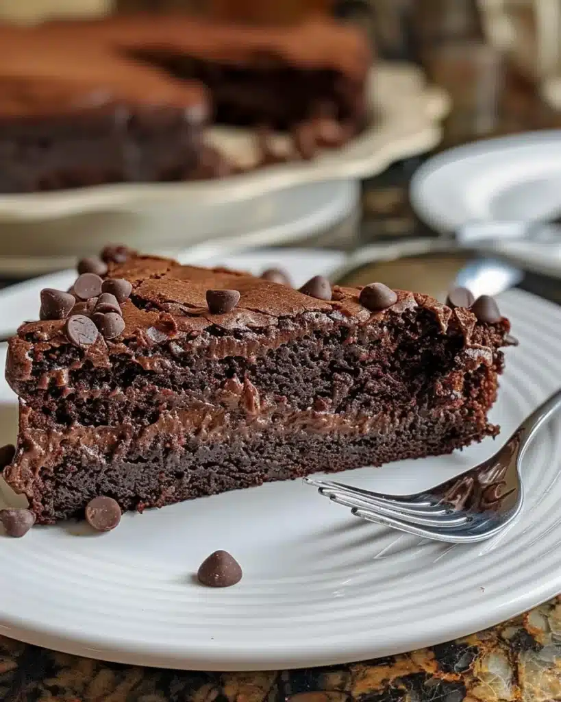 Delicious homemade chocolate cake topped with chocolate frosting
