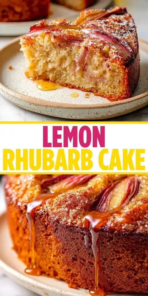 Slice of homemade lemon rhubarb cake with vibrant lemon and rhubarb flavors