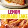 Slice of homemade lemon rhubarb cake with vibrant lemon and rhubarb flavors