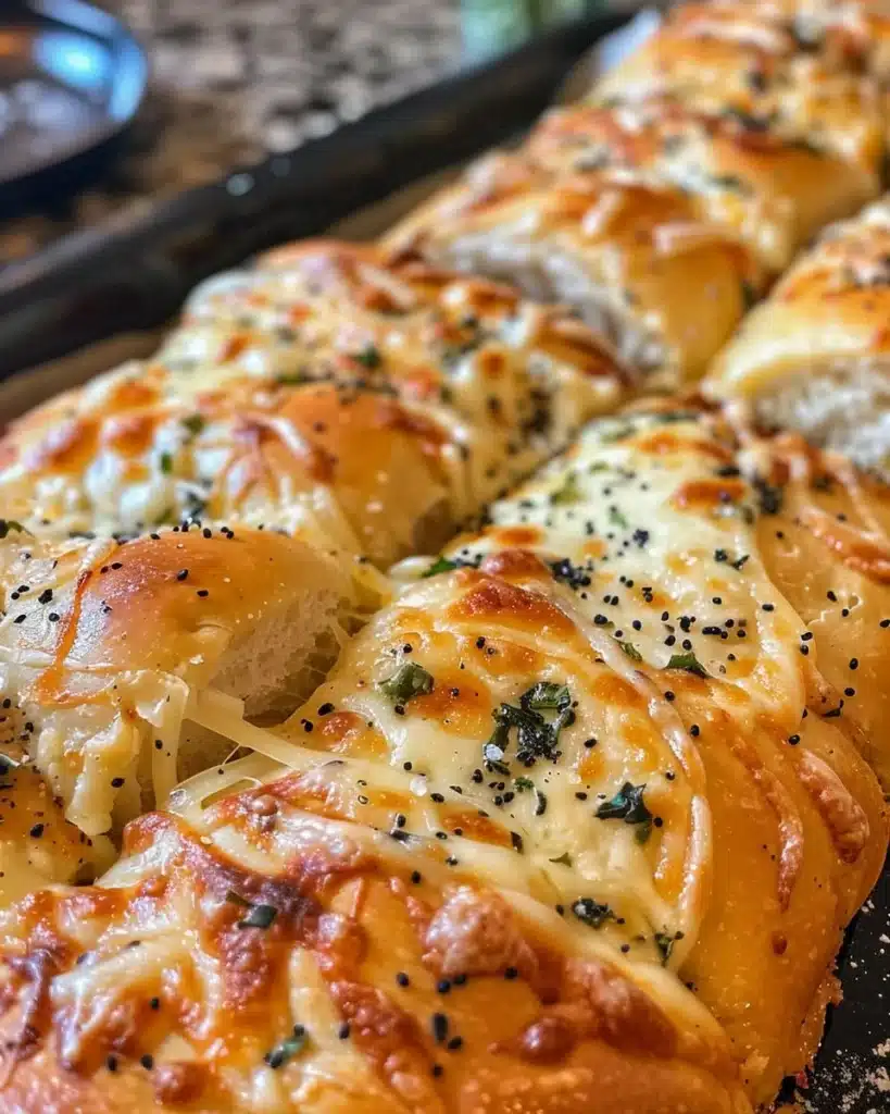 Homemade pull-apart bread with herbed cream cheese served warm.
