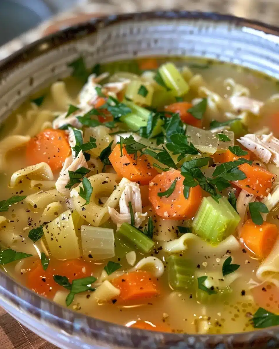 Bowl of Italian Penicillin Soup with fresh herbs and ingredients