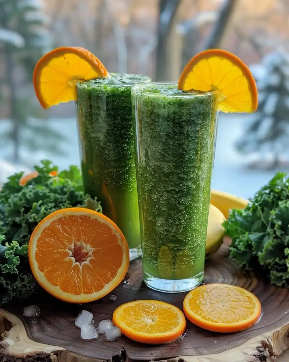 Kale Orange Banana Smoothie in a glass with a straw, vibrant and healthy