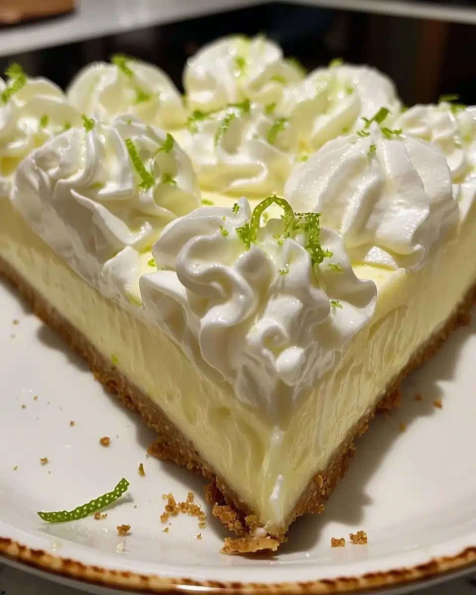 Slice of Key Lime Pie with Cream Cheese garnished with lime and whipped cream
