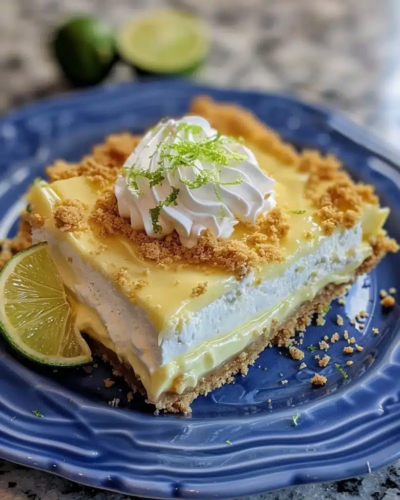 Delicious key lime pie with cream cheese topping and lime garnish
