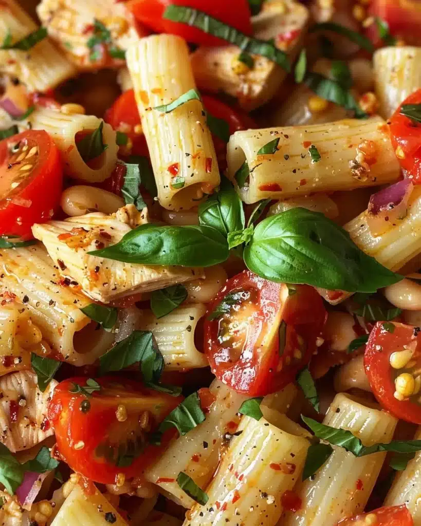 Colorful leftover pasta protein salad with veggies and dressing