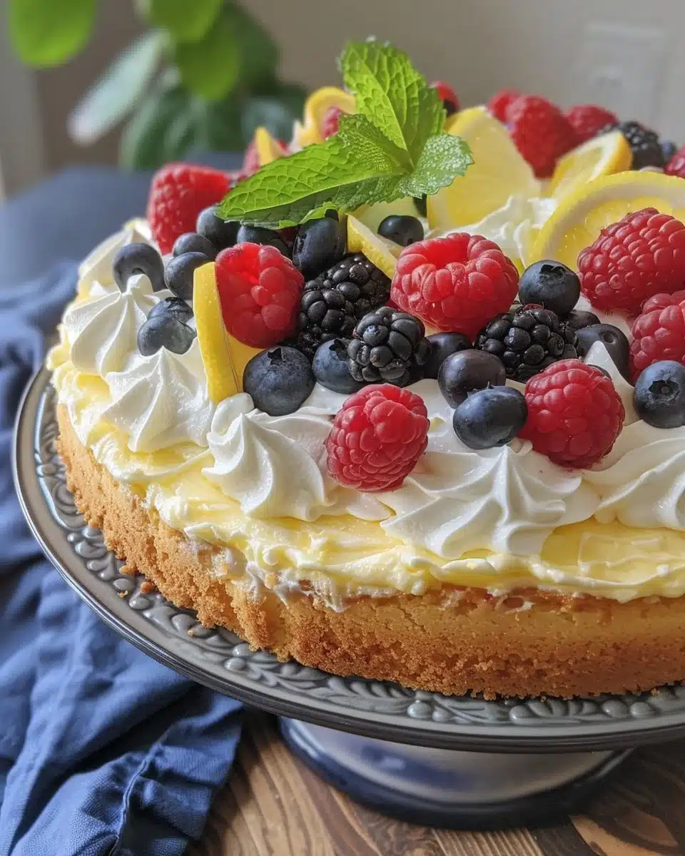 Lemon Berry Yogurt Cake topped with fresh berries and lemon zest