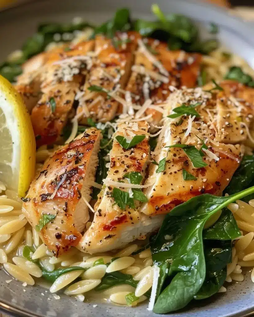 Bowl of Lemon Chicken Orzo with Spinach, garnished with herbs.