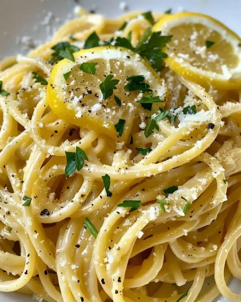 Delicious lemon pasta dish garnished with fresh herbs