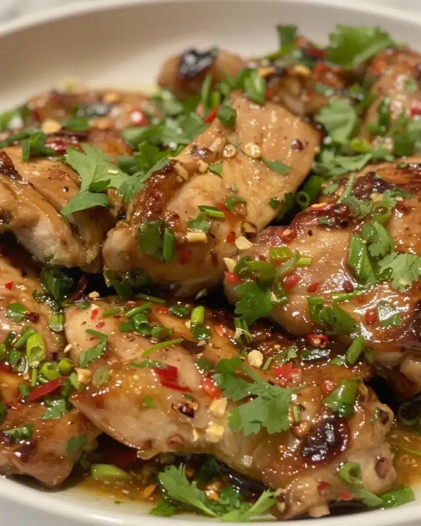 Plate of delicious lemongrass chicken with fresh herbs and vegetables