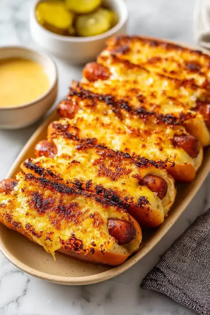 Loaded grilled cheese hot dog topped with melted cheese and toppings