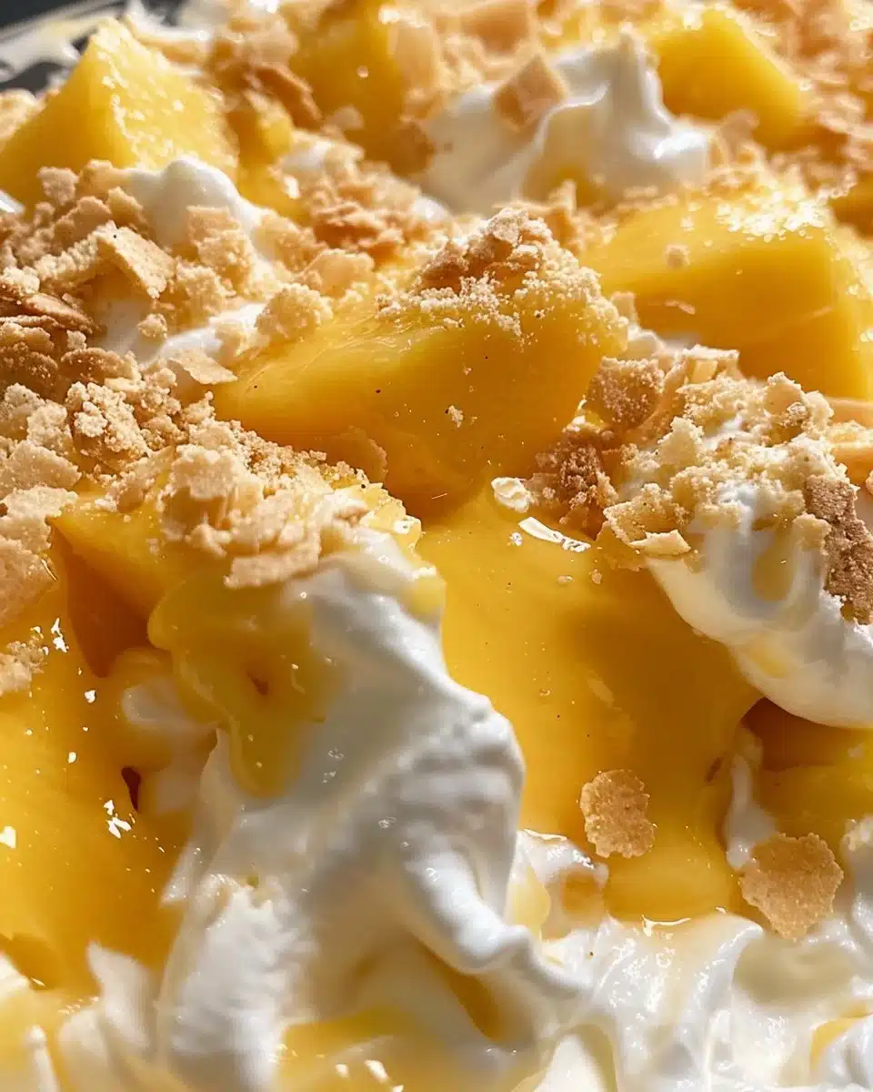 A delicious Mango Float dessert layered with mango slices and creamy topping.