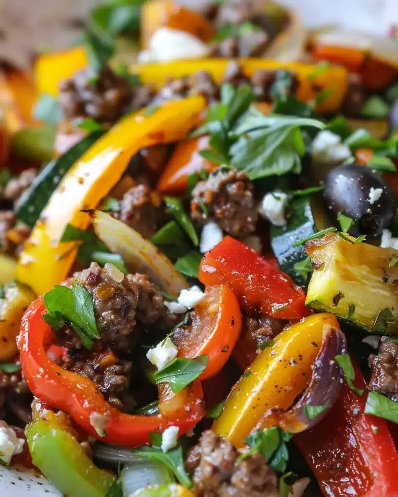 Mediterranean ground beef stir fry with colorful vegetables in a skillet
