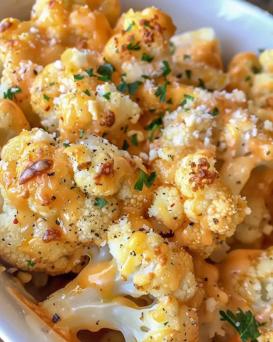Delicious Million Dollar Cauliflower Casserole topped with cheese and breadcrumbs.