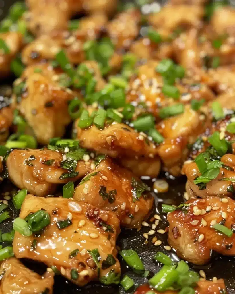Plate of Mongolian Chicken garnished with green onions and sesame seeds