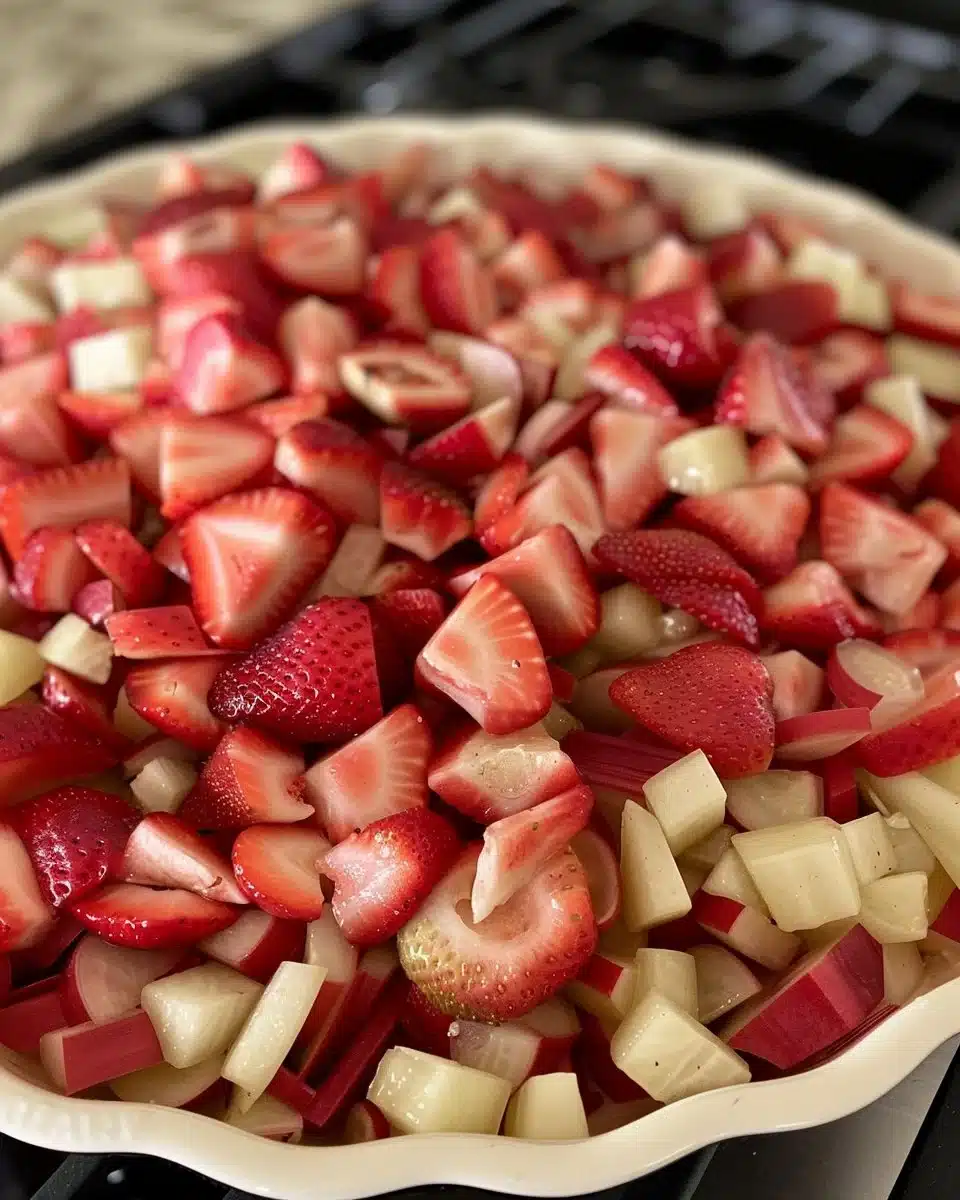 A bowl of natural strawberry rhubarb compote garnished with fresh strawberries.