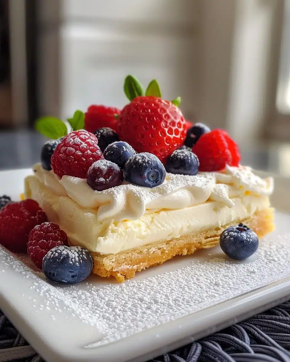 Delicious No Bake Berry Chantilly Cake topped with fresh berries and whipped cream