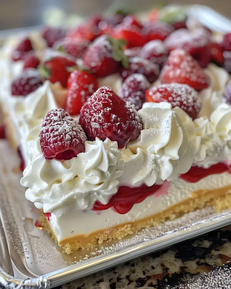 No Bake Berry Chantilly Cake topped with fresh berries and whipped cream