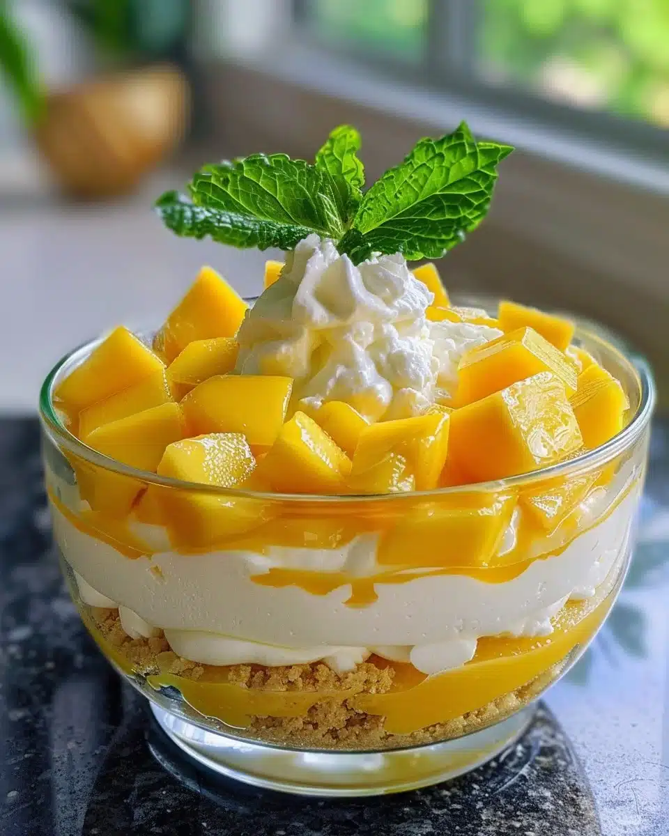 Delicious no bake mango cheesecake cups topped with fresh mango slices.