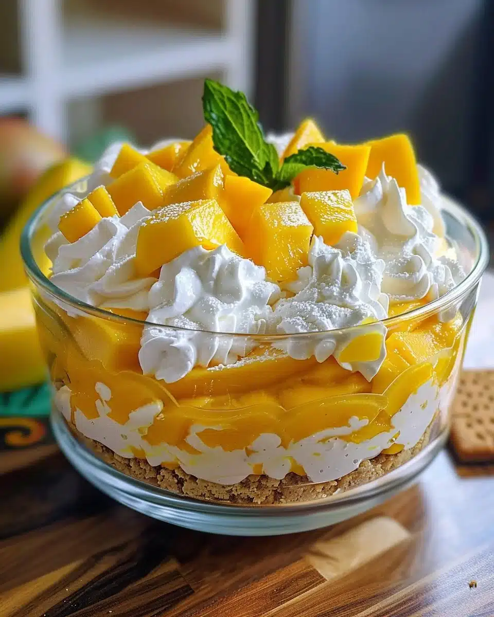 No Bake Mango Cheesecake Cups topped with mango slices and mint leaves