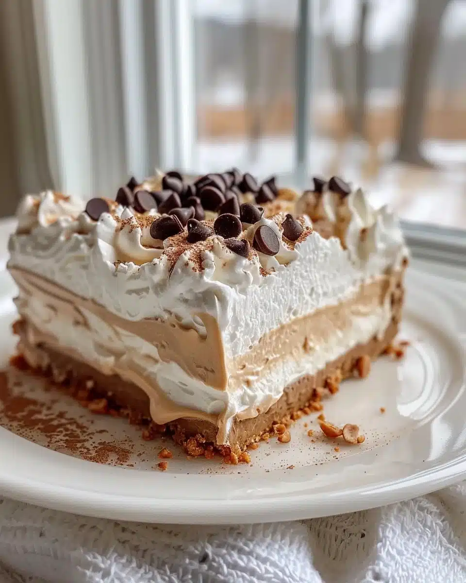 No bake peanut butter pie topped with chocolate and whipped cream
